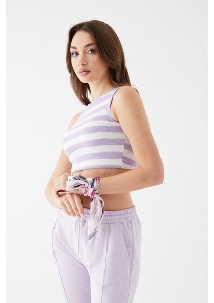 Kadın Lila Renk Mini Boy Çizgili Triko Body Crop