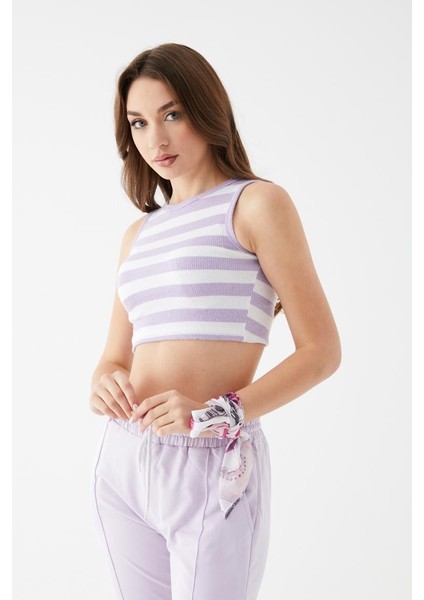 Kadın Lila Renk Mini Boy Çizgili Triko Body Crop indirimleri
