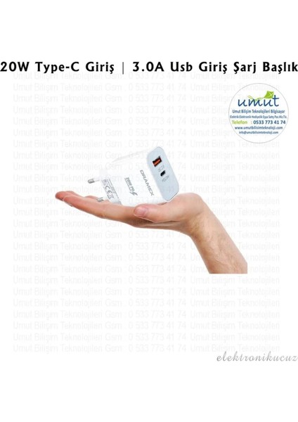Ikisi Bir Arada Pd Şarj Adaptör DPQ20B 20W Type-C Giriş 3.0A USB Giriş Şarj Başlık Iki Çıkışlı Adaptör