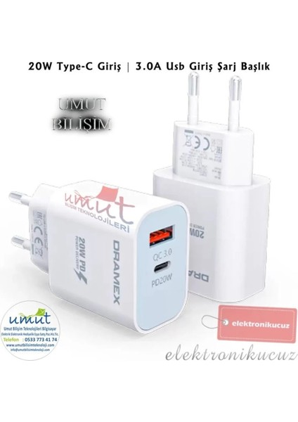Ikisi Bir Arada Pd Şarj Adaptör DPQ20B 20W Type-C Giriş 3.0A USB Giriş Şarj Başlık Iki Çıkışlı Adaptör
