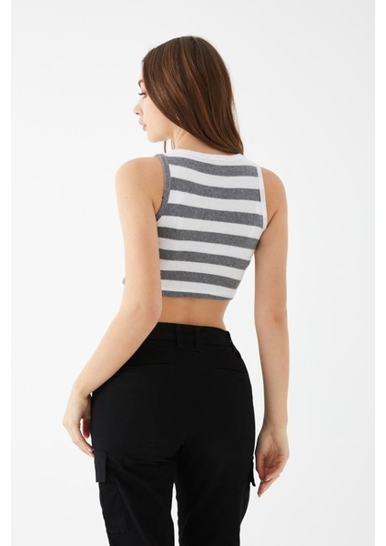 Kadın Füme Renk Mini Boy Çizgili Triko Body Crop modelleri