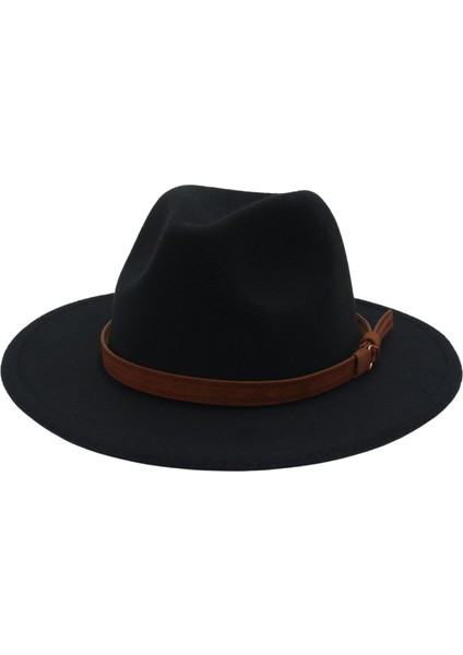 Fedora Şapkası Geniş Kısraklı Elbise Şapka Retro Rahat Unisex Keçe Panama Şapka Siyah (Yurt Dışından)