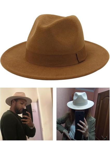 Kadın Erkekler Partisi Düz Üst Fedora Şapkası Şerit Band Kemeri Kış Kış Khaki (Yurt Dışından)
