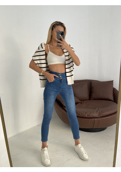 Yüksek Bel Likralı Jean Pantolon 90 cm