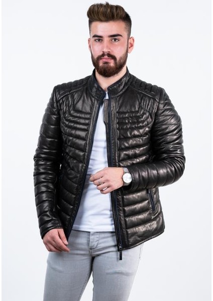 Siyah Şişme Erkek Deri Mont Sarı-S