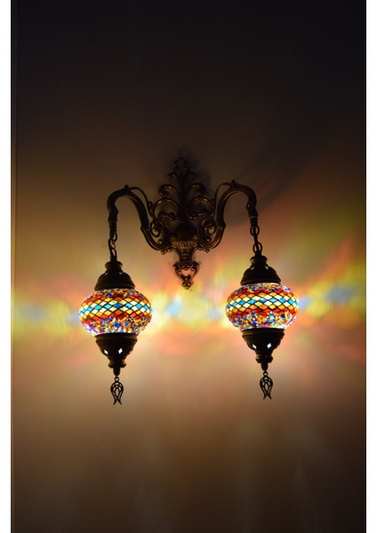 Karlıkturistik Mozaik Aplik ,Çiftli Aşağı Yönlü Dekoratif Duvar Lambası,Otantik Lamba,Mozaik Lamba Model9
