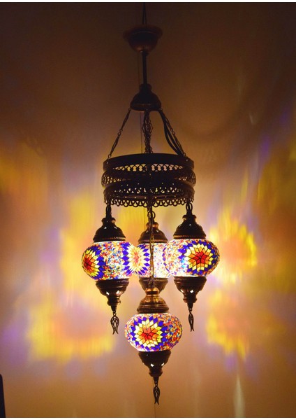 Karlıkturistik Mozaik Lamba Avize 4lü Sarkıt Rustik Tavan Lambası Renkli Osmanlı Avize Model 2