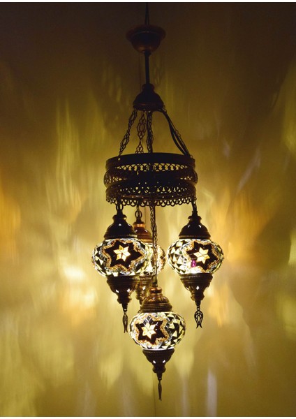 Karlıkturistik Mozaik Lamba Avize 4lü Sarkıt Rustik Tavan Lambası Renkli Osmanlı Avize Model 4
