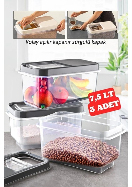 3'Lü Çok Amaçlı 7,5 Lt Sürgülü Kapaklı Erzak & Bakliyat Saklama Kabı