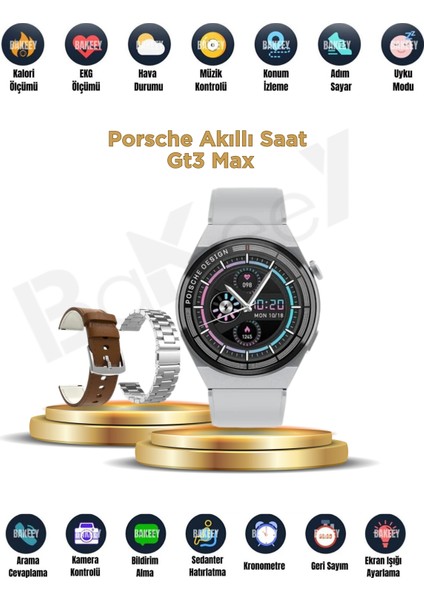 Gt3 Max Porsche Akıllı Saat 3 Kordonlu Full Özellikli 45 Mm Hd Ekran Ios Ve Android Uyumlu Watch 8