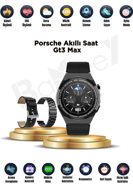 Gt3 Max Porsche Akıllı Saat 3 Kordonlu Full Özellikli 45 Mm Hd Ekran Ios Ve Android Uyumlu Watch 8