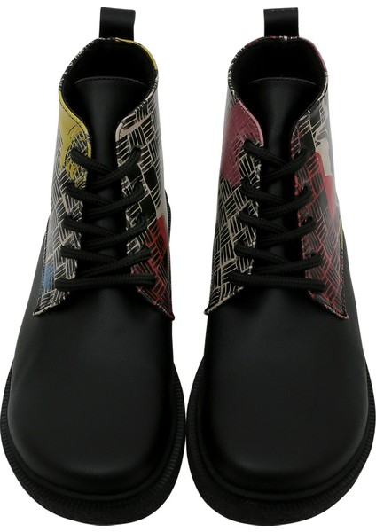 Kadın Vegan Deri Siyah Bilekte Bot - Artsy Cat Collage Tasarım