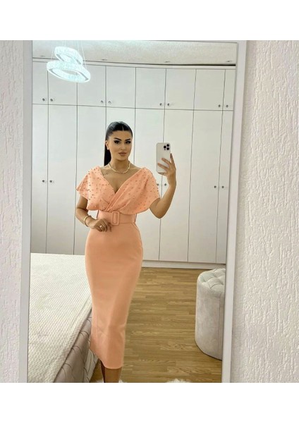 Kadın Kemerli Inci Detay Dalgıç Kumaş Abiye Elbise (Renkli)