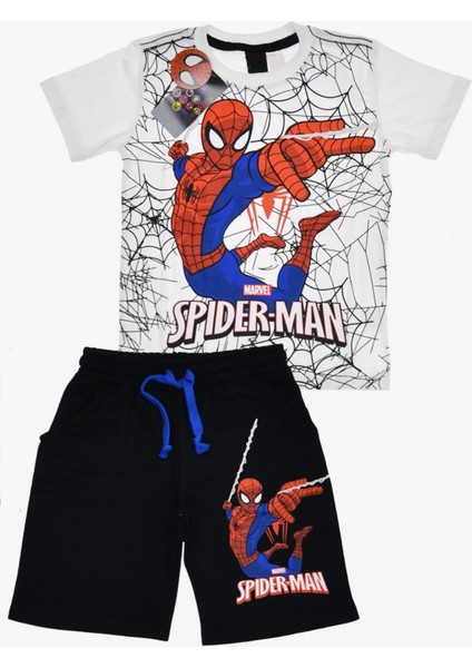 Erkek Çocuk Beyaz Renk Spiderman Örümcek Adam T-Shirt ve Siyah Renk Şort Alt Üst 2 Parça Takım