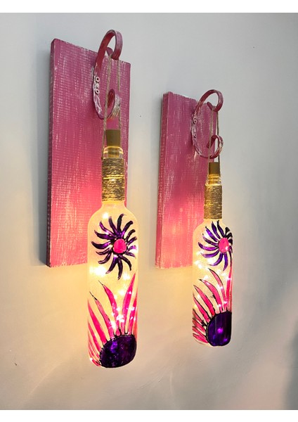 Peri LED Aydınlatma Ahşap Dekorlu, Vitray El Boyama Şarap Şişesi Aplik 2'li Set