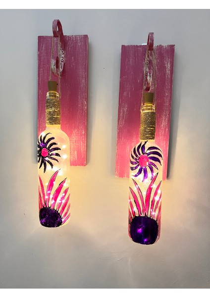 Peri LED Aydınlatma Ahşap Dekorlu, Vitray El Boyama Şarap Şişesi Aplik 2'li Set fiyatları