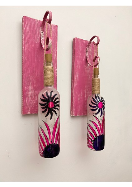 Peri LED Aydınlatma Ahşap Dekorlu, Vitray El Boyama Şarap Şişesi Aplik 2'li Set fırsatları