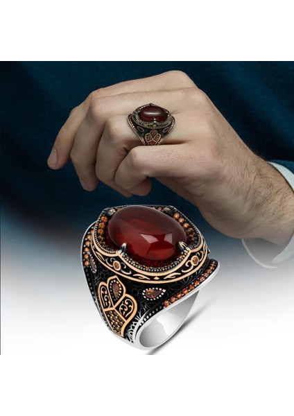Kızıl Oval Akik Taşlı 925 Gümüş Erkek Yüzük