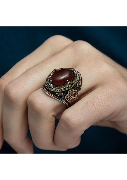 Kızıl Oval Akik Taşlı 925 Gümüş Erkek Yüzük modelleri