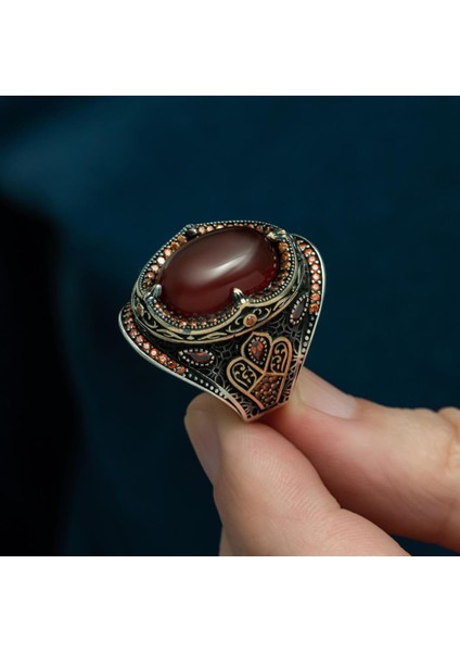 Kızıl Oval Akik Taşlı 925 Gümüş Erkek Yüzük indirimleri