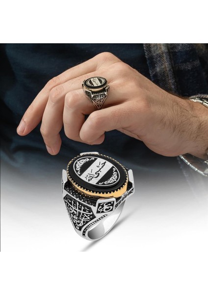 Hasbiyallah Yazılı Oniks Taşlı 925 Gümüş Erkek Yüzük