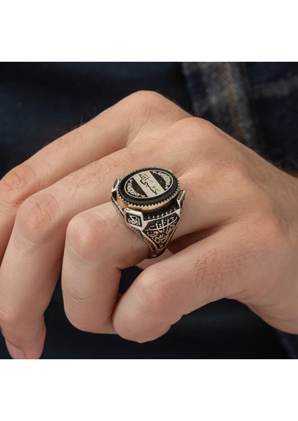 Hasbiyallah Yazılı Oniks Taşlı 925 Gümüş Erkek Yüzük fiyatları