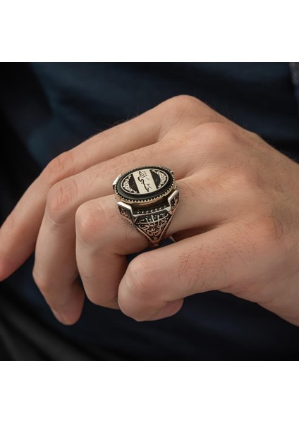 Hasbiyallah Yazılı Oniks Taşlı 925 Gümüş Erkek Yüzük modelleri
