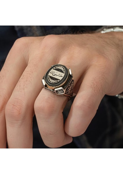 Hasbiyallah Yazılı Oniks Taşlı 925 Gümüş Erkek Yüzük fırsatları