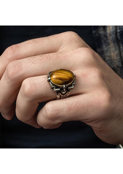 Kaplan Gözü Taşlı Oval 925 Gümüş Erkek Yüzük modelleri