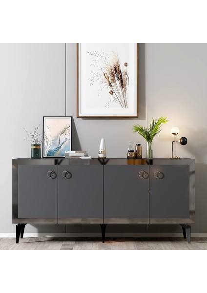 Ponny Konsol 4 Kapaklı Raflı Antrasit - Gümüş