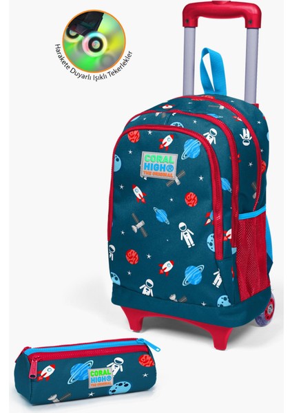 Kids Çivit Kırmızı Uzay Desenli Çekçekli 2'li Çanta Seti SET0223136