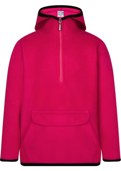 Çocuk Polar Kanguru Cepli Ceket Kapşonlu Yarım Fermuarlı Sweatshirt Koyu Pembe