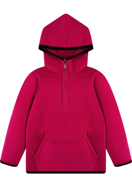 Çocuk Polar Kanguru Cepli Ceket Kapşonlu Yarım Fermuarlı Sweatshirt Koyu Pembe fiyatları