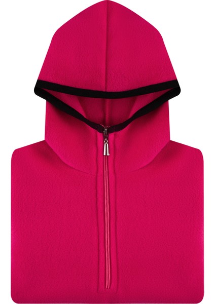 Çocuk Polar Kanguru Cepli Ceket Kapşonlu Yarım Fermuarlı Sweatshirt Koyu Pembe fırsatları