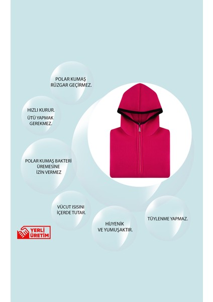 Çocuk Polar Kanguru Cepli Ceket Kapşonlu Yarım Fermuarlı Sweatshirt Koyu Pembe indirimleri