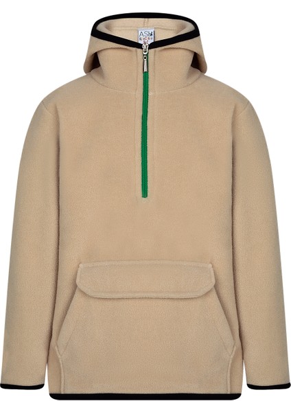 Çocuk Polar Yarım Fermuarlı Kapşonlu Kanguru Cep Sweatshirt Açık Kahverengi Unisex