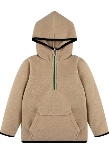 Çocuk Polar Yarım Fermuarlı Kapşonlu Kanguru Cep Sweatshirt Açık Kahverengi Unisex fiyatları