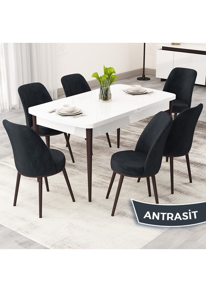 Rax Serisi Açılabilir 80X132 Beyaz Masa Ceviz Ayak Mutfak Masası Takımı ve 6 Sandalye