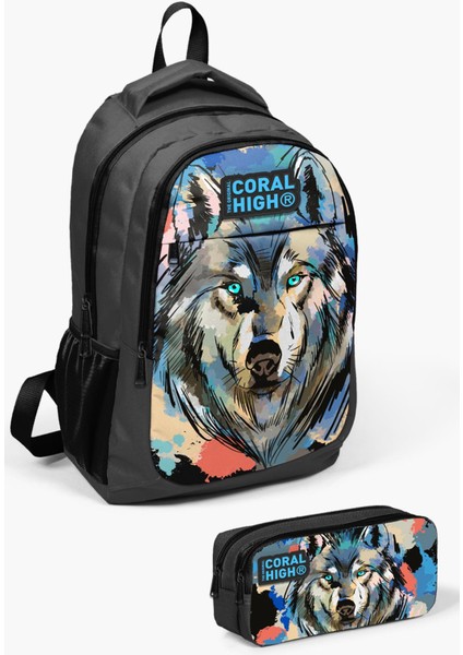 Kids Gri Siyah Kurt Desenli 2'li Okul Çanta Seti SET0214404