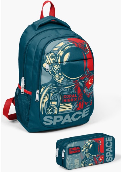 Kids Çivit Kırmızı Astronot Desenli 2'li Okul Çanta Seti SET0214389