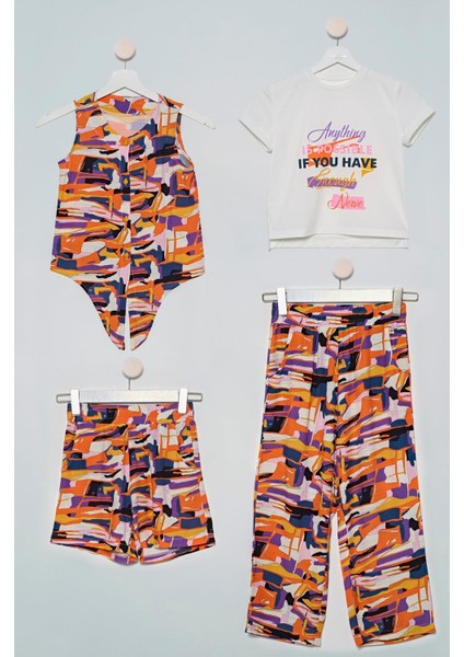 4'lü Desenli Gömlek Tshirt Pantolon Şort Lila Takım