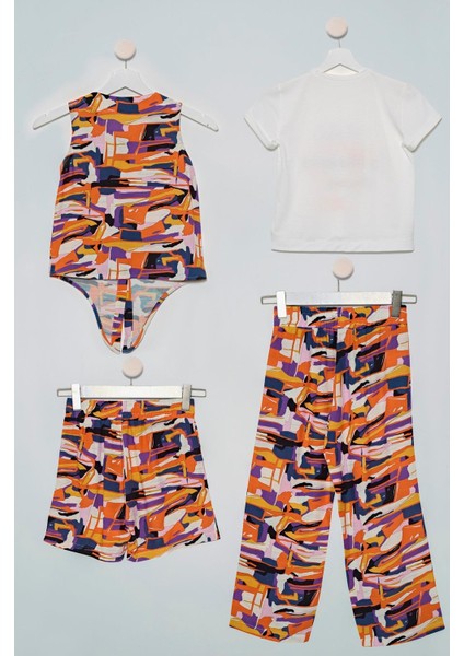 4'lü Desenli Gömlek Tshirt Pantolon Şort Lila Takım fiyatları