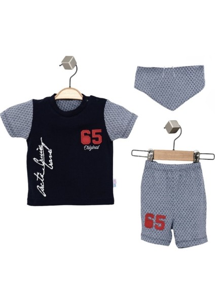 Erkek Bebek Gri Renk Nakışlı Pamuk Mevsimlik Yazlık College T-Shirt Önlük ve Şort Takım