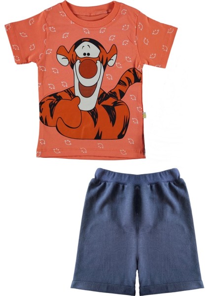 Unisex Çocuk Somon Renk Pamuklu Tiger Baskılı Yazlık T-Shirt ve Şort Takım