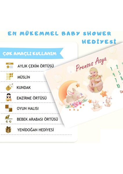Erays Home Kişiye Özel İsimli Kız Bebek Hediye Aylık Fotoğraf Anı Battaniyesi modelleri