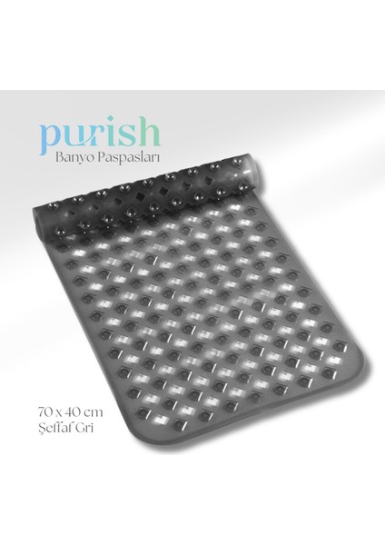 Banyo Duş Küvet İçin Vantuzlu Kaydırmaz, Su Drenajlı, Masaj Noktalı Paspas - Şeffaf Gri - 70 x 40 cm