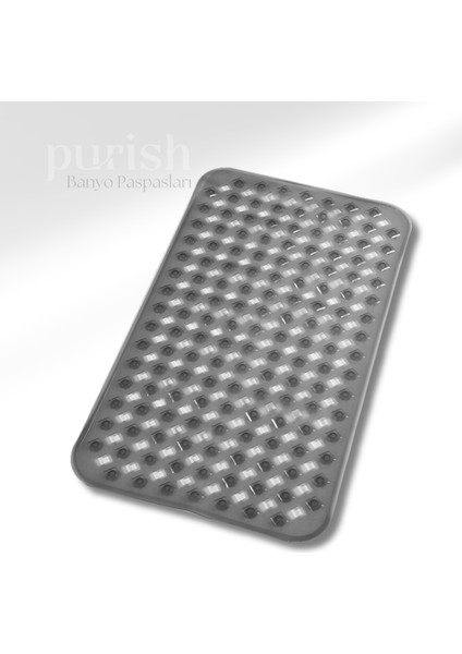 Banyo Duş Küvet İçin Vantuzlu Kaydırmaz, Su Drenajlı, Masaj Noktalı Paspas - Şeffaf Gri - 70 x 40 cm