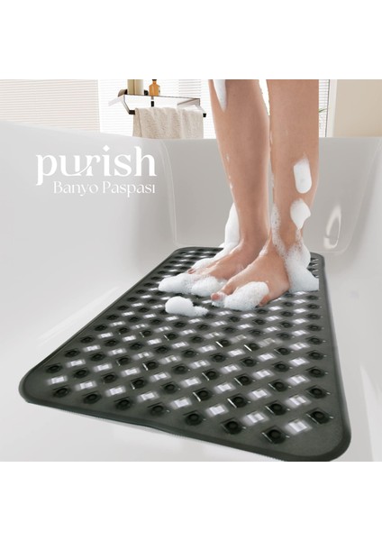 Banyo Duş Küvet İçin Vantuzlu Kaydırmaz, Su Drenajlı, Masaj Noktalı Paspas - Şeffaf Gri - 70 x 40 cm