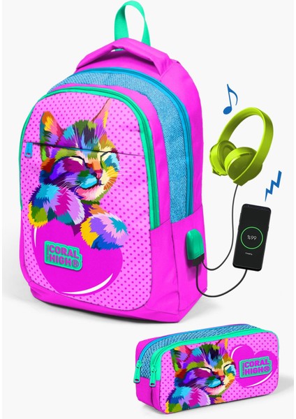 Kids Pembe Mavi Simli Kedi Desenli Usb'li 2'li Okul Çanta Seti SET0224301