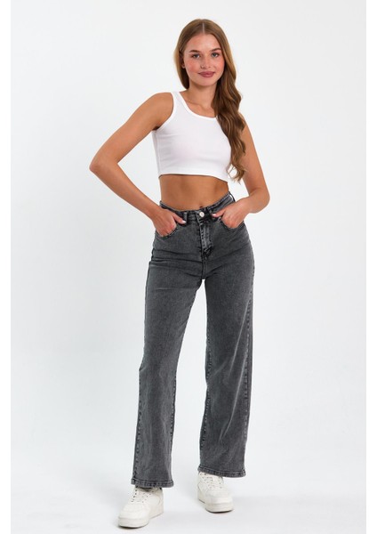 Gri Yüksek Bel Rahat Palazzo Pantolon Tref Gri Palazzo 89654 modelleri